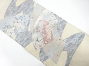 綴れ　地紙に孔雀・花模様織り出し　袋帯